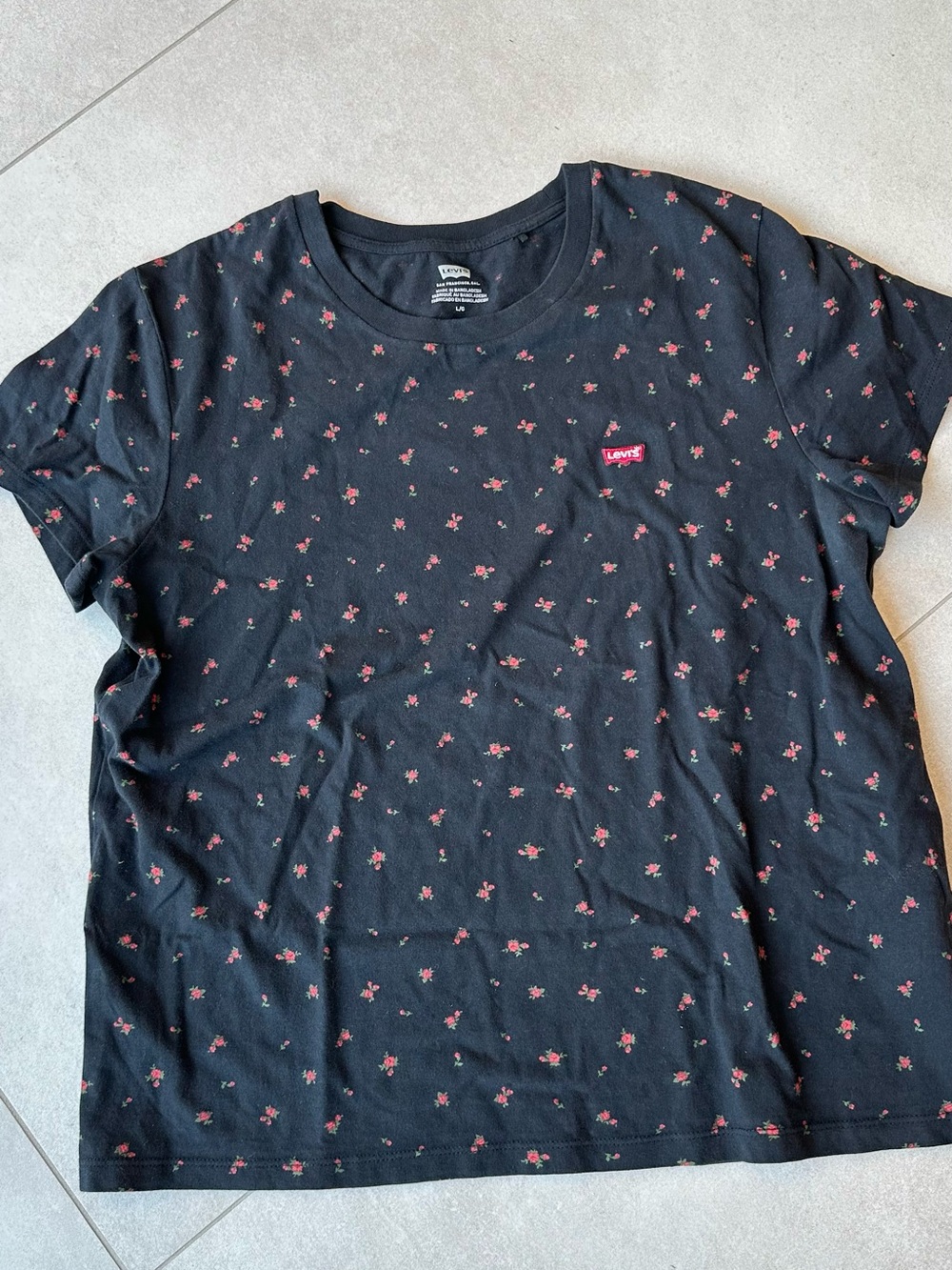 Levi's Black Tee with Small Red Floral Print